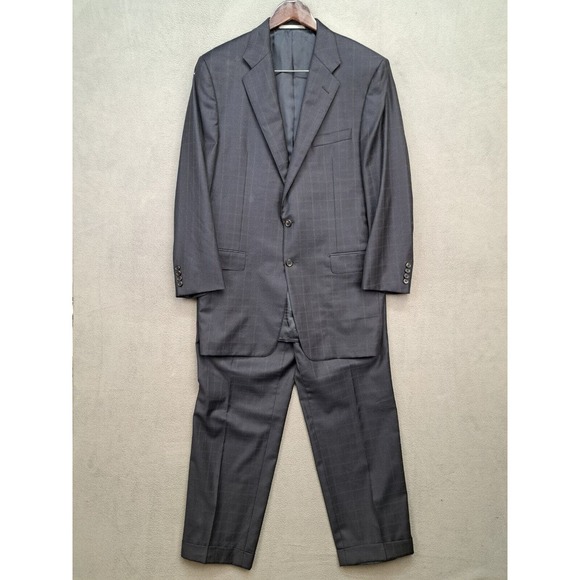 Hickey Freeman Bespoke Men's Blue Plaid 100% Wool Suit 42L Pleated Pants 34x30